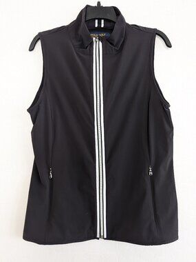 RALPH LAUREN Polo Golf Vest Women's L Black Striped Accent Zipper Pockets Active